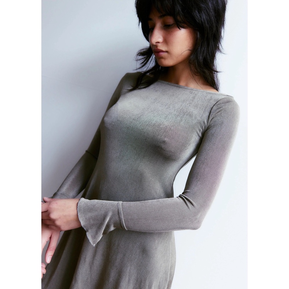 Fruity Booty Slinky Dress in Taupe Greige Grey Beige Metallic Jersey Knit Frill - Picture 4 of 8